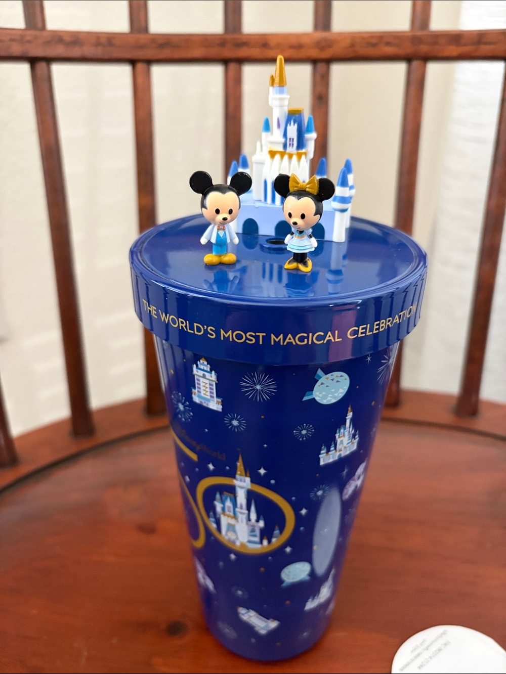Disney Castle Blue 50th Anniversary Tumbler with Mickey & Minnie Topper NEW